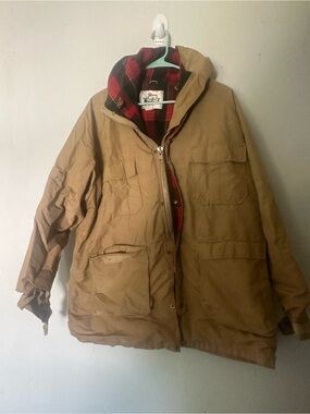 Woolrich Tan Hooded Jacket with Red Plaid Lining